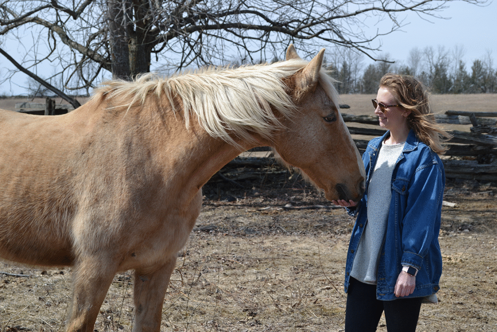 person with long hair looks into the eyes of a horse as they share a gentle moment together